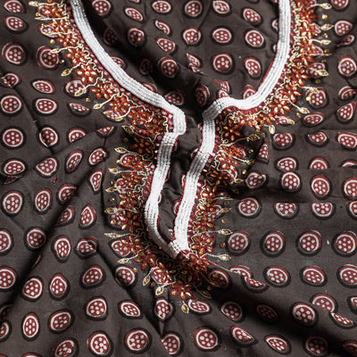 Brown - Bead Work 3pc Cotton Block Printed Pipad Dress Material Set