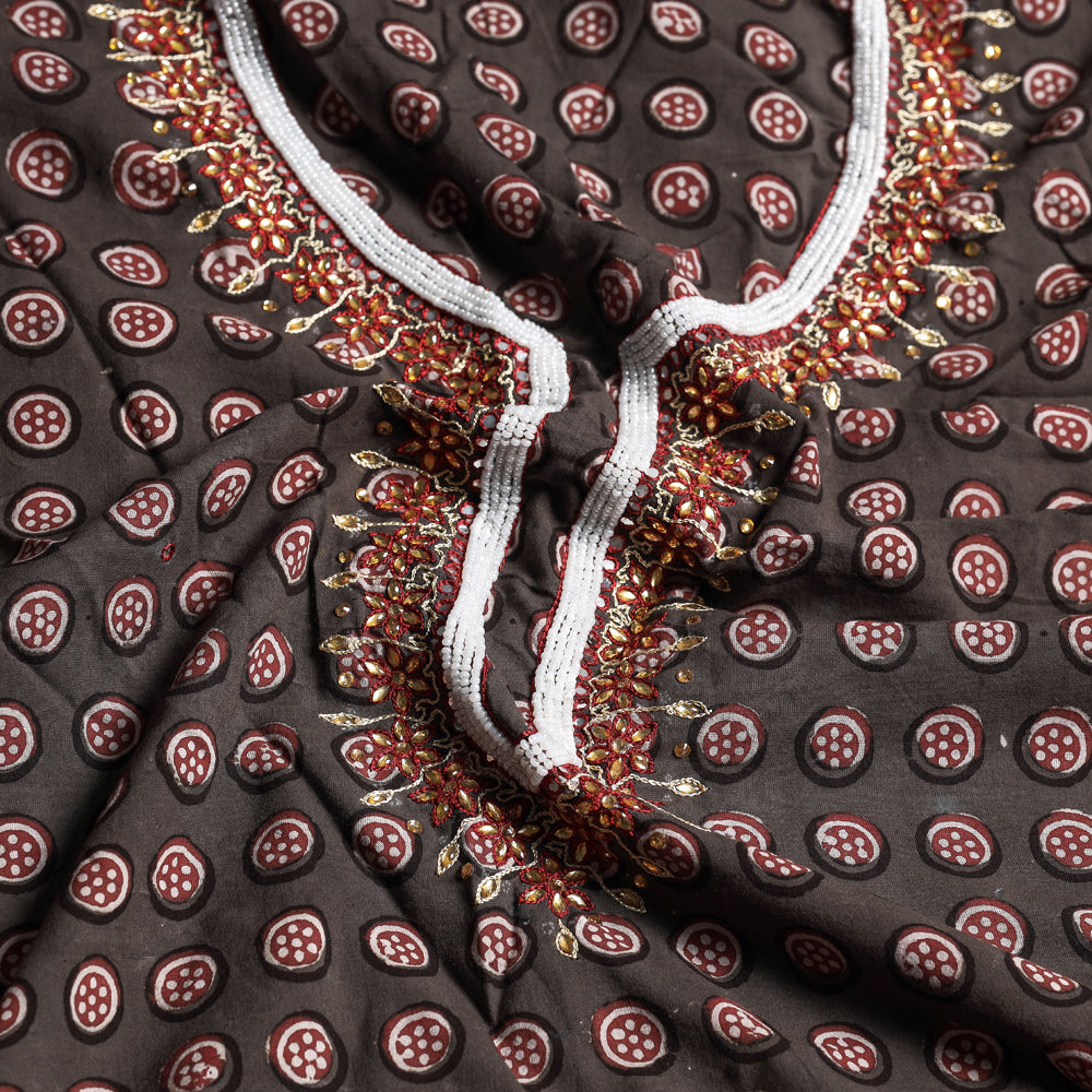 Brown - Bead Work 3pc Cotton Block Printed Pipad Dress Material Set