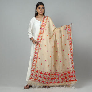 Beige - Phulkari Hand Embroidery Kota Doria Silk Dupatta with Tassels