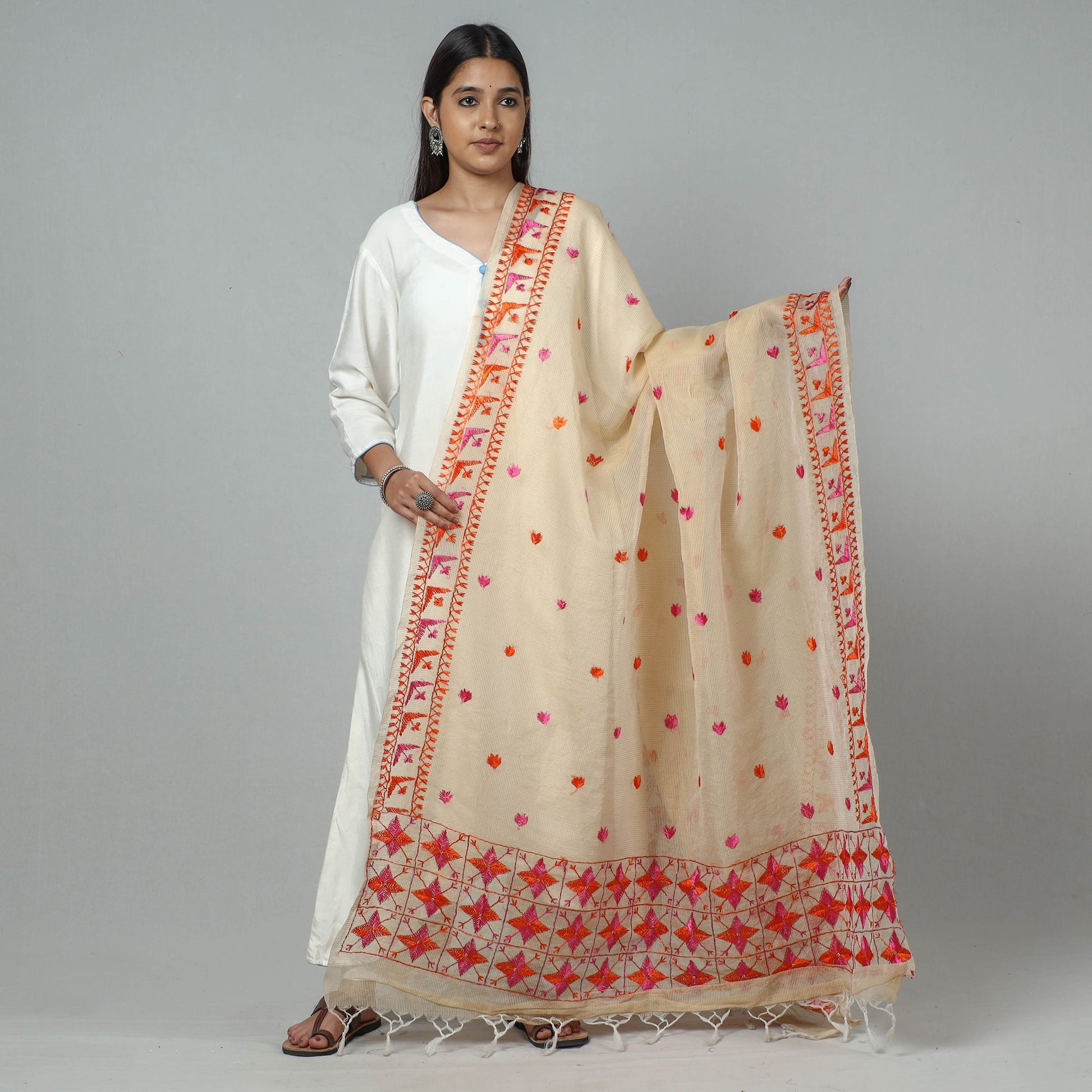 Beige - Phulkari Hand Embroidery Kota Doria Silk Dupatta with Tassels