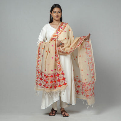 Beige - Phulkari Hand Embroidery Kota Doria Silk Dupatta with Tassels