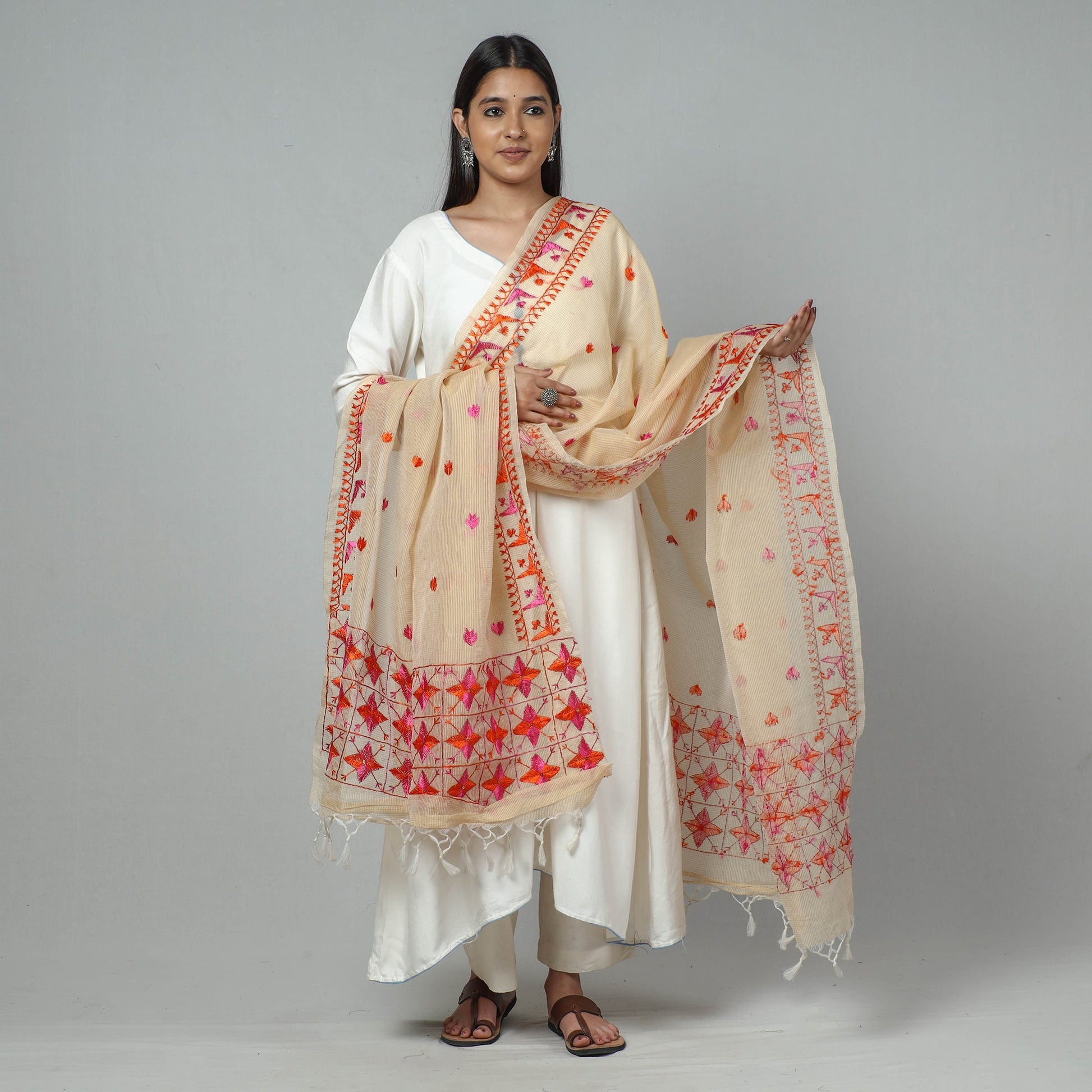 Beige - Phulkari Hand Embroidery Kota Doria Silk Dupatta with Tassels
