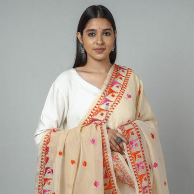 Beige - Phulkari Hand Embroidery Kota Doria Silk Dupatta with Tassels
