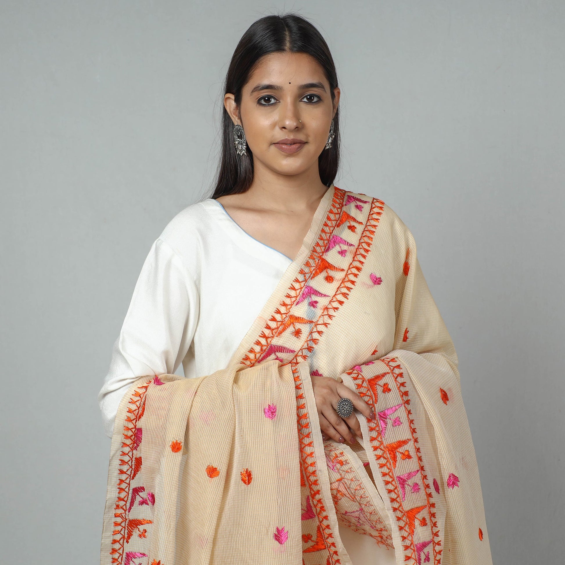 Beige - Phulkari Hand Embroidery Kota Doria Silk Dupatta with Tassels