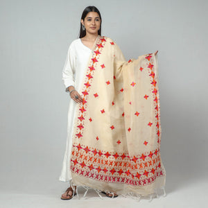 Beige - Phulkari Hand Embroidery Kota Doria Silk Dupatta with Tassels