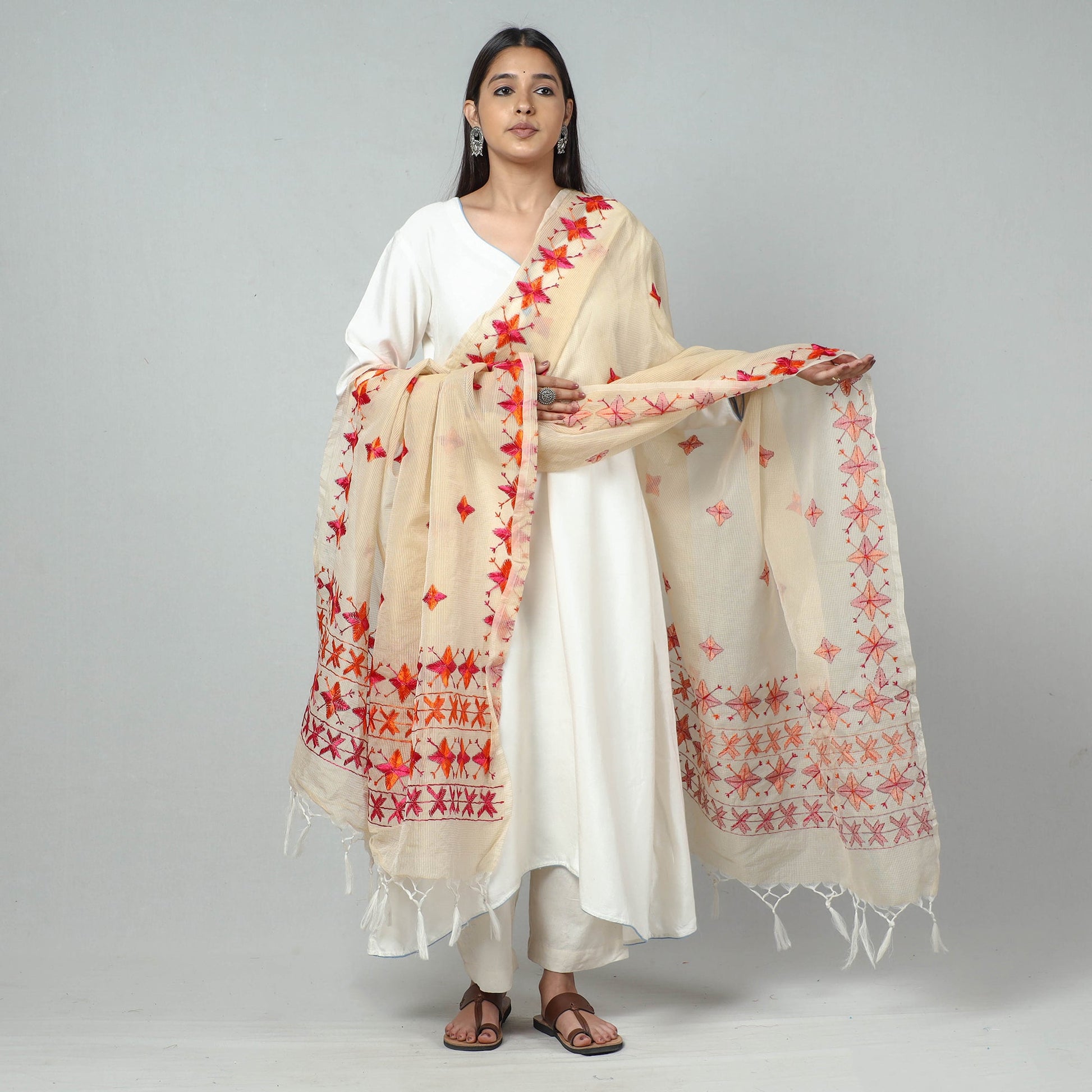 Beige - Phulkari Hand Embroidery Kota Doria Silk Dupatta with Tassels