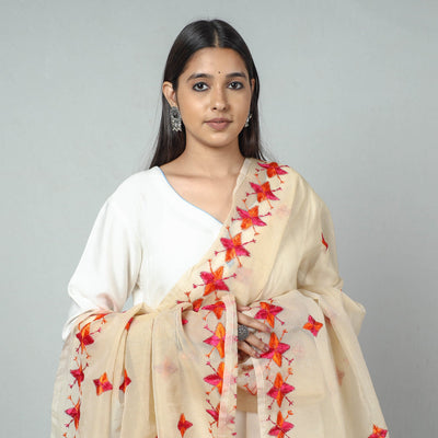 Beige - Phulkari Hand Embroidery Kota Doria Silk Dupatta with Tassels
