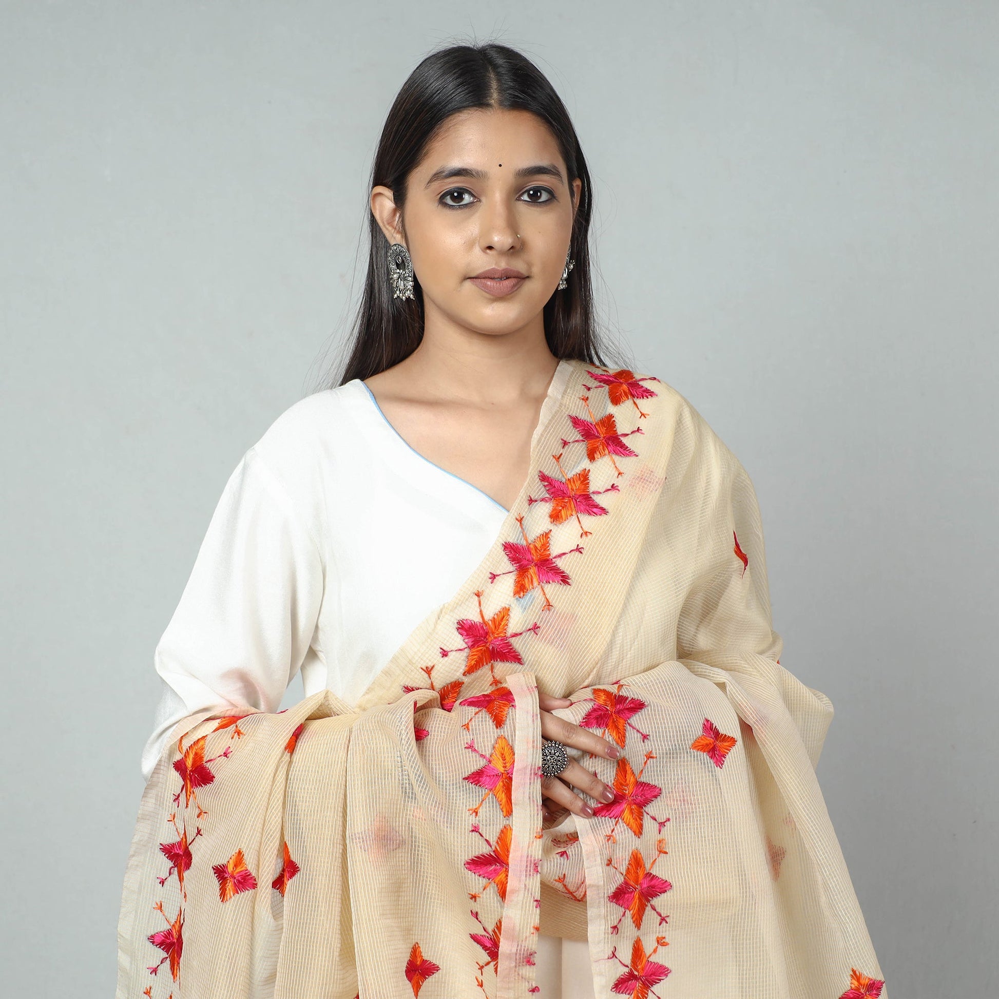 Beige - Phulkari Hand Embroidery Kota Doria Silk Dupatta with Tassels