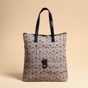 Beige - Handcrafted Kalamkari Block Printed Hand Bag with Leather Handle