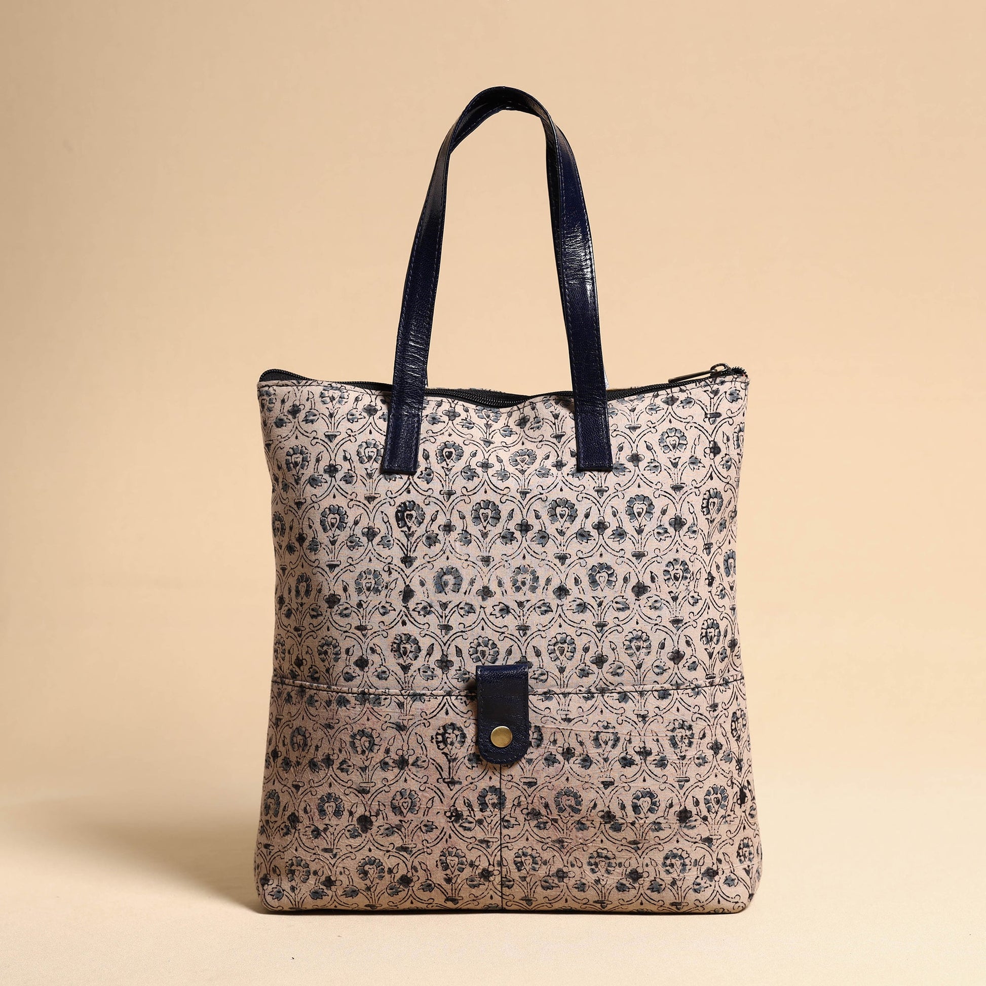 Beige - Handcrafted Kalamkari Block Printed Hand Bag with Leather Handle