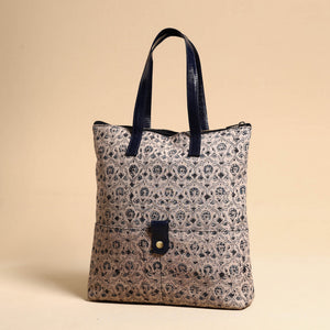 Beige - Handcrafted Kalamkari Block Printed Hand Bag with Leather Handle