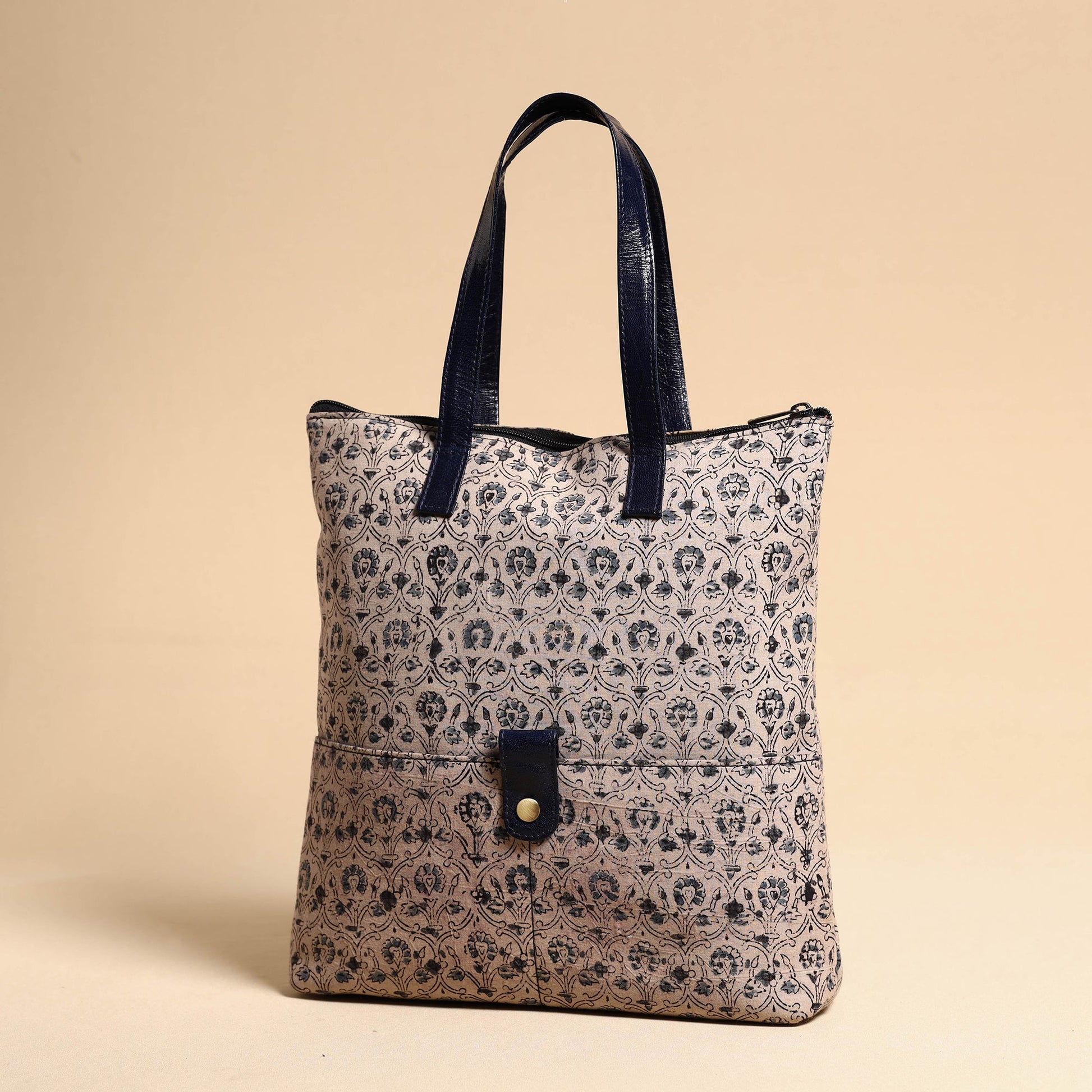 Beige - Handcrafted Kalamkari Block Printed Hand Bag with Leather Handle