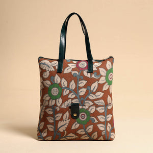 Brown - Handcrafted Kalamkari Block Printed Hand Bag with Leather Handle