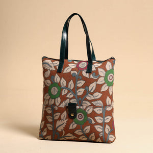 Brown - Handcrafted Kalamkari Block Printed Hand Bag with Leather Handle