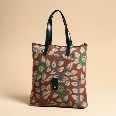 Brown - Handcrafted Kalamkari Block Printed Hand Bag with Leather Handle