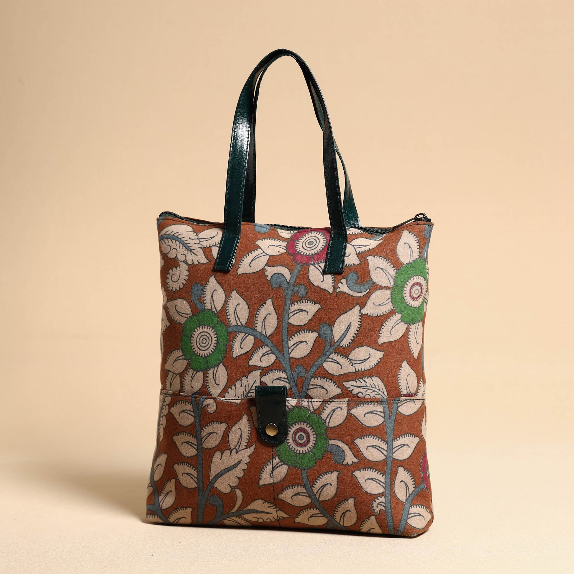 Brown - Handcrafted Kalamkari Block Printed Hand Bag with Leather Handle