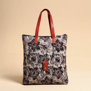 Black - Handcrafted Kalamkari Block Printed Hand Bag with Leather Handle