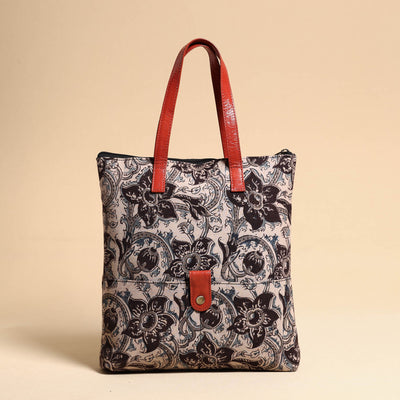 Black - Handcrafted Kalamkari Block Printed Hand Bag with Leather Handle