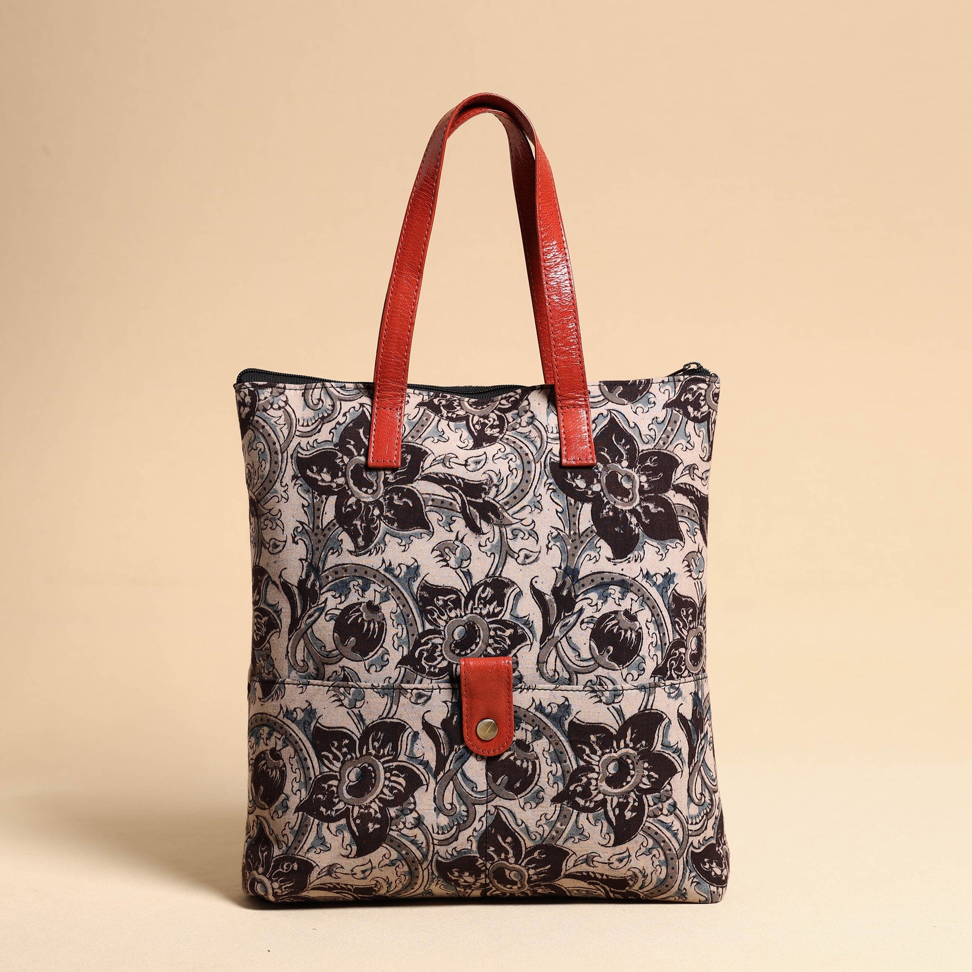 Black - Handcrafted Kalamkari Block Printed Hand Bag with Leather Handle
