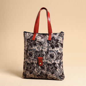 Black - Handcrafted Kalamkari Block Printed Hand Bag with Leather Handle