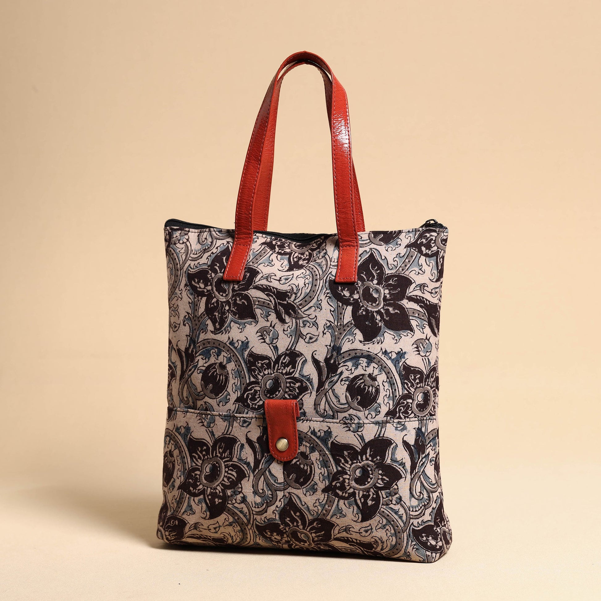 Black - Handcrafted Kalamkari Block Printed Hand Bag with Leather Handle