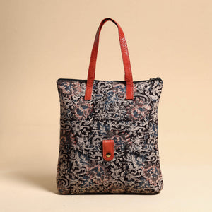 Black - Handcrafted Kalamkari Block Printed Hand Bag with Leather Handle