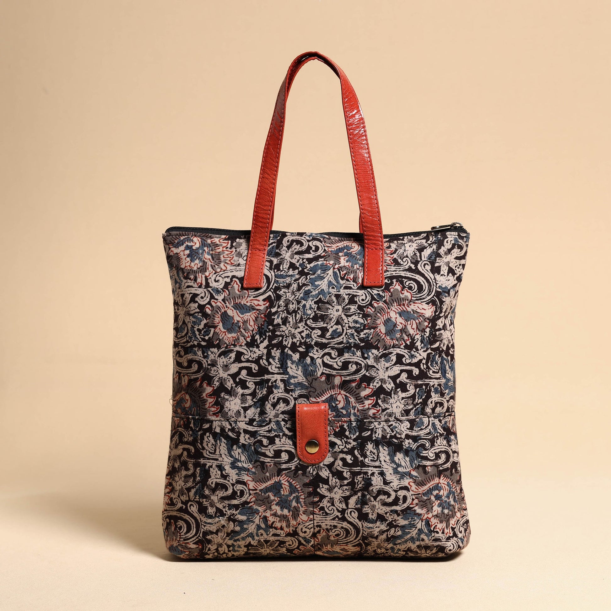 Black - Handcrafted Kalamkari Block Printed Hand Bag with Leather Handle