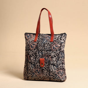 Black - Handcrafted Kalamkari Block Printed Hand Bag with Leather Handle