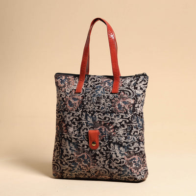 Black - Handcrafted Kalamkari Block Printed Hand Bag with Leather Handle