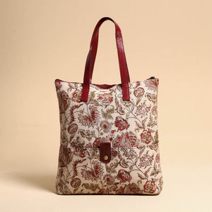 Beige - Handcrafted Kalamkari Block Printed Hand Bag with Leather Handle