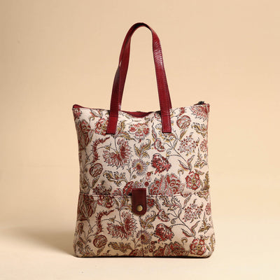 Beige - Handcrafted Kalamkari Block Printed Hand Bag with Leather Handle