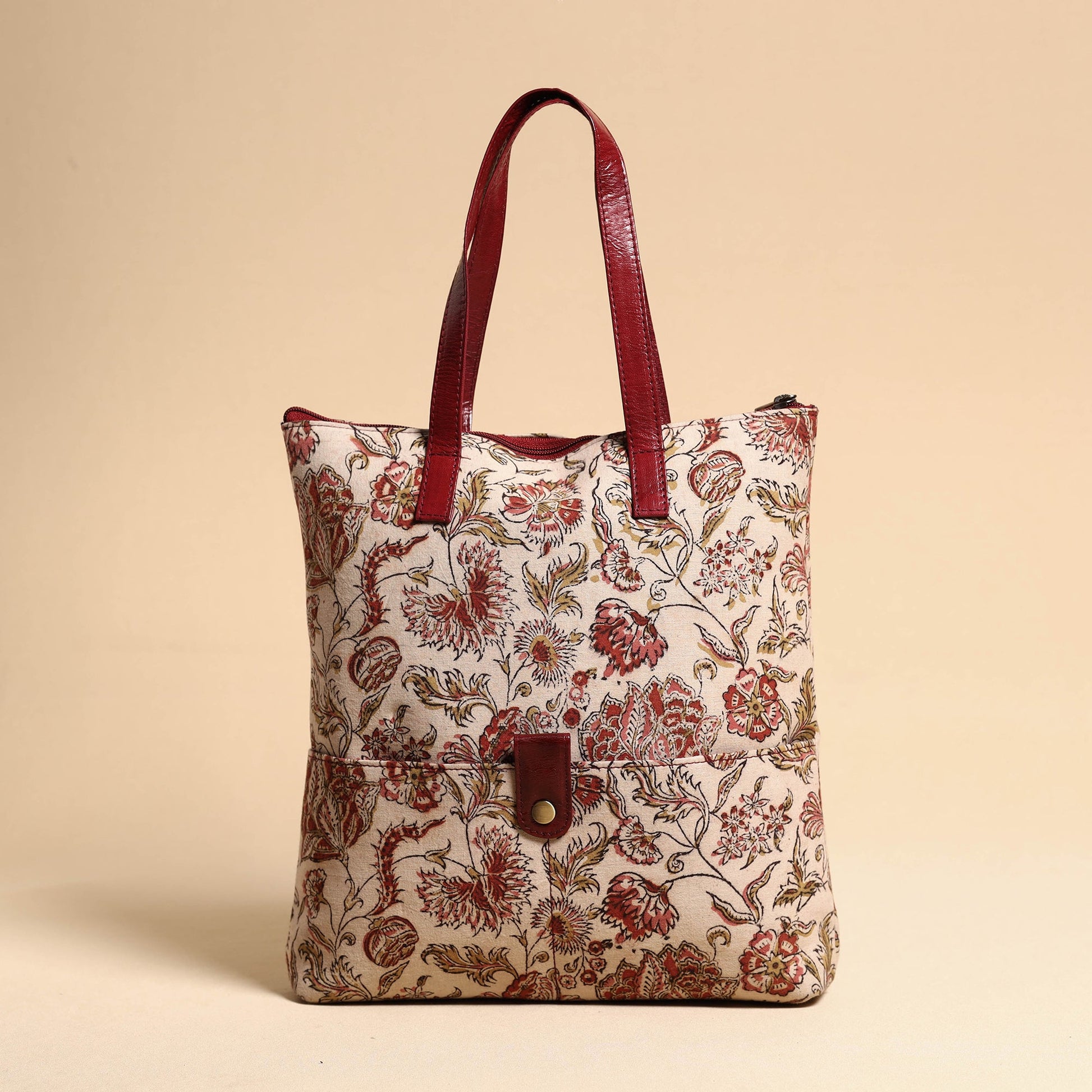 Beige - Handcrafted Kalamkari Block Printed Hand Bag with Leather Handle