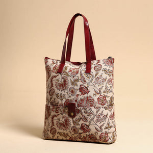 Beige - Handcrafted Kalamkari Block Printed Hand Bag with Leather Handle