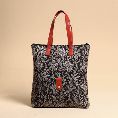 Black - Handcrafted Kalamkari Block Printed Hand Bag with Leather Handle