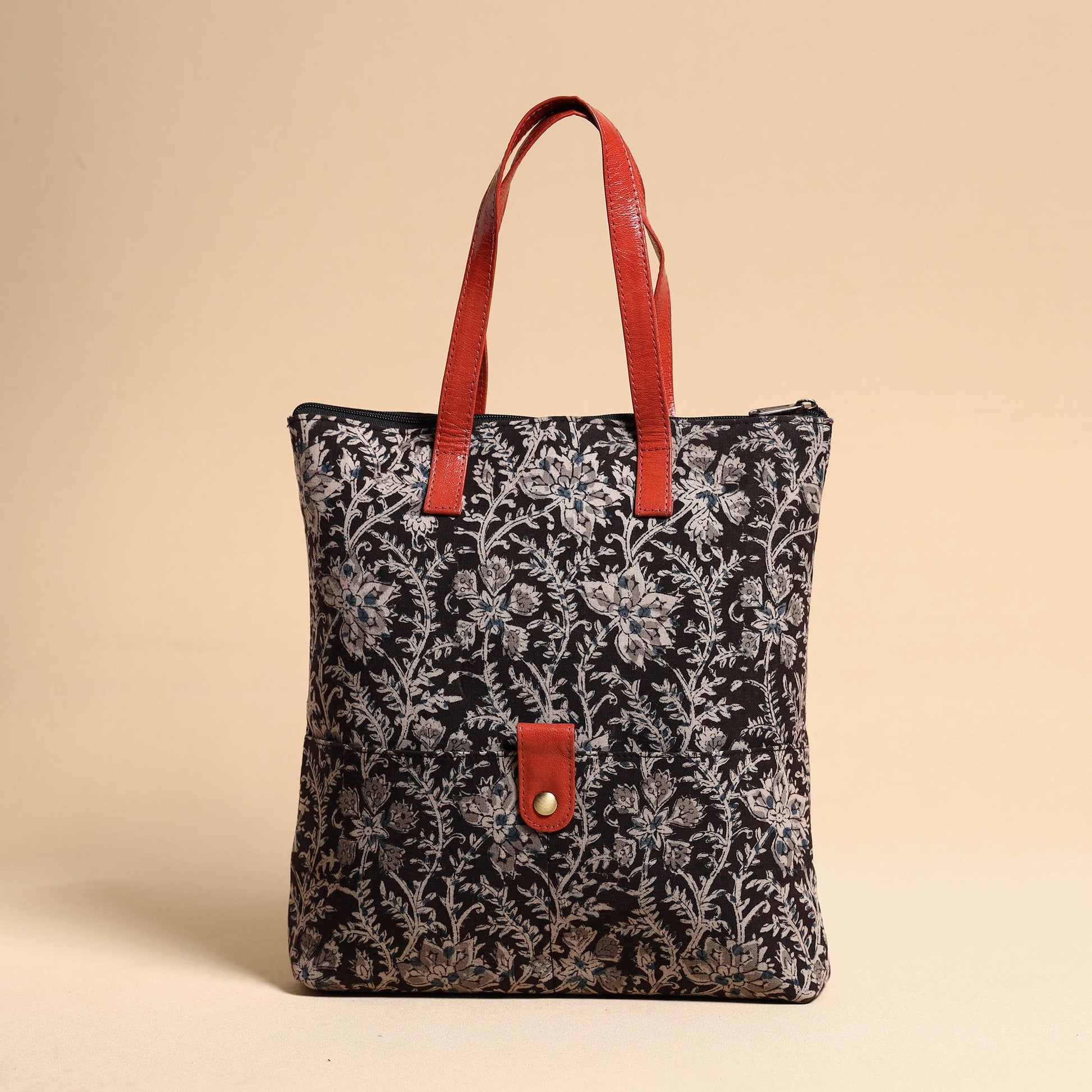 Black - Handcrafted Kalamkari Block Printed Hand Bag with Leather Handle
