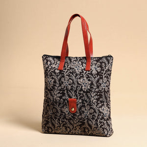 Black - Handcrafted Kalamkari Block Printed Hand Bag with Leather Handle