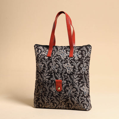 Black - Handcrafted Kalamkari Block Printed Hand Bag with Leather Handle