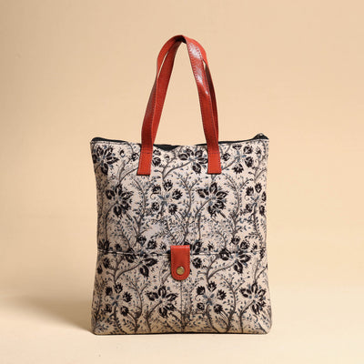 Beige - Handcrafted Kalamkari Block Printed Hand Bag with Leather Handle