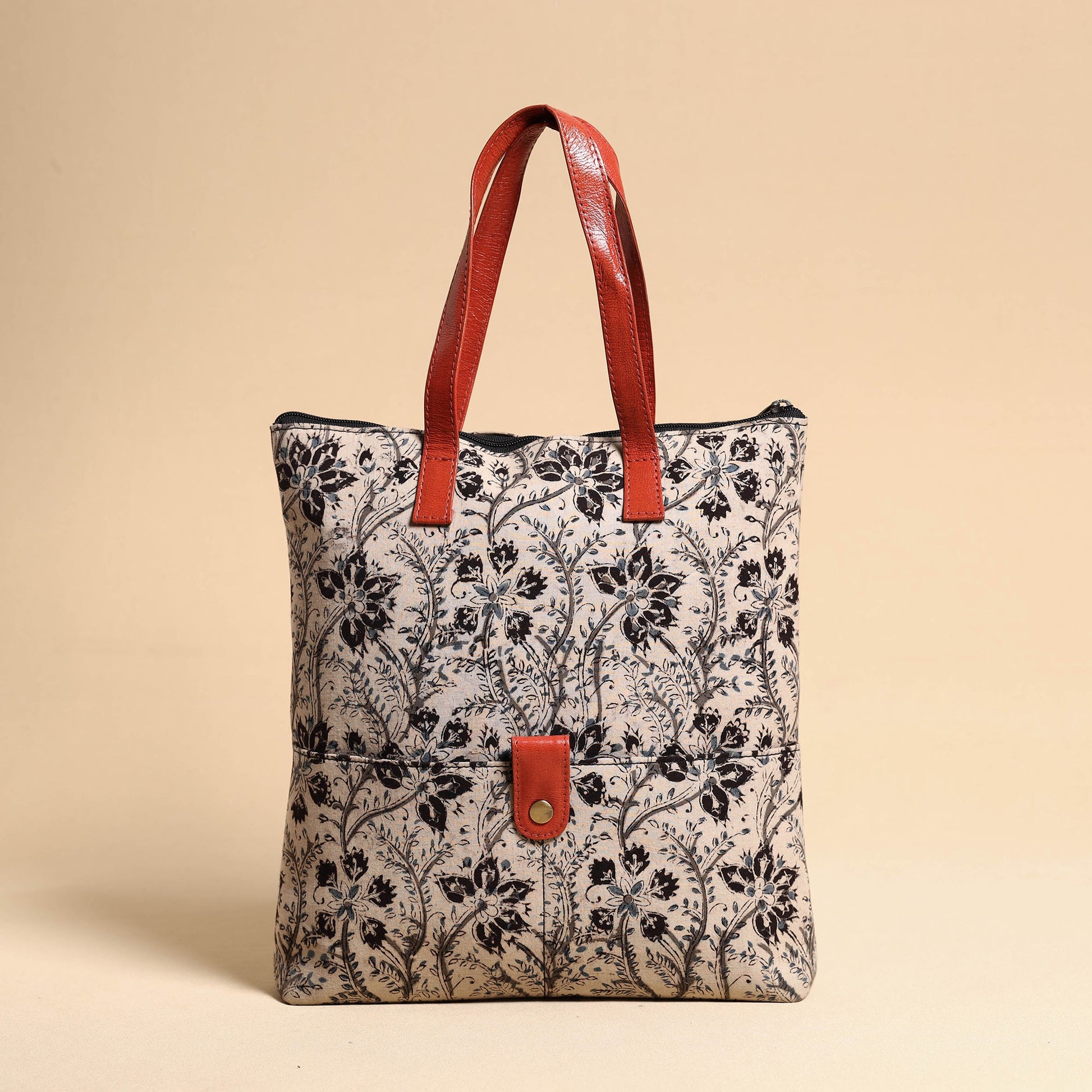 Beige - Handcrafted Kalamkari Block Printed Hand Bag with Leather Handle