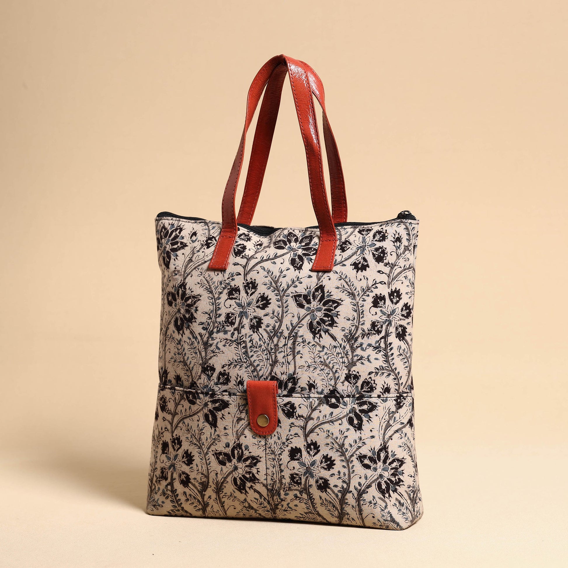 Beige - Handcrafted Kalamkari Block Printed Hand Bag with Leather Handle
