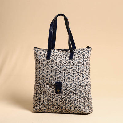 Beige - Handcrafted Kalamkari Block Printed Hand Bag with Leather Handle