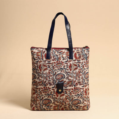 Beige - Handcrafted Kalamkari Block Printed Hand Bag with Leather Handle