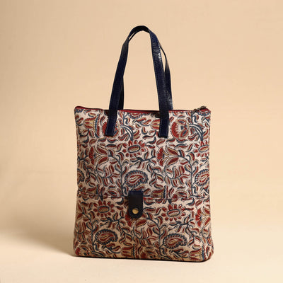 Beige - Handcrafted Kalamkari Block Printed Hand Bag with Leather Handle