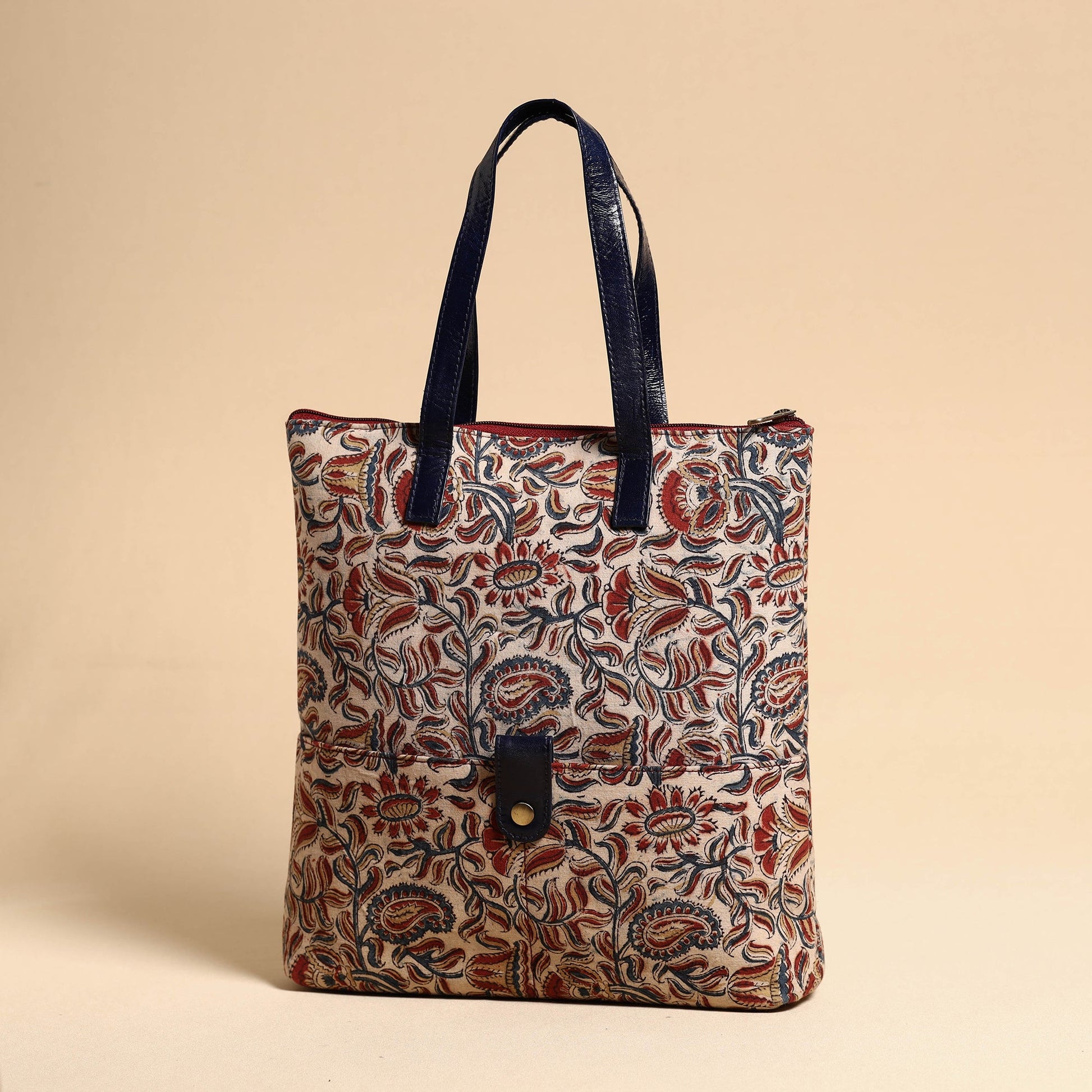 Beige - Handcrafted Kalamkari Block Printed Hand Bag with Leather Handle