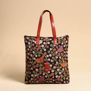 Black - Handcrafted Kalamkari Block Printed Hand Bag with Leather Handle
