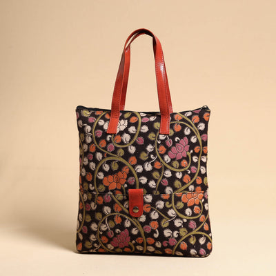 Black - Handcrafted Kalamkari Block Printed Hand Bag with Leather Handle
