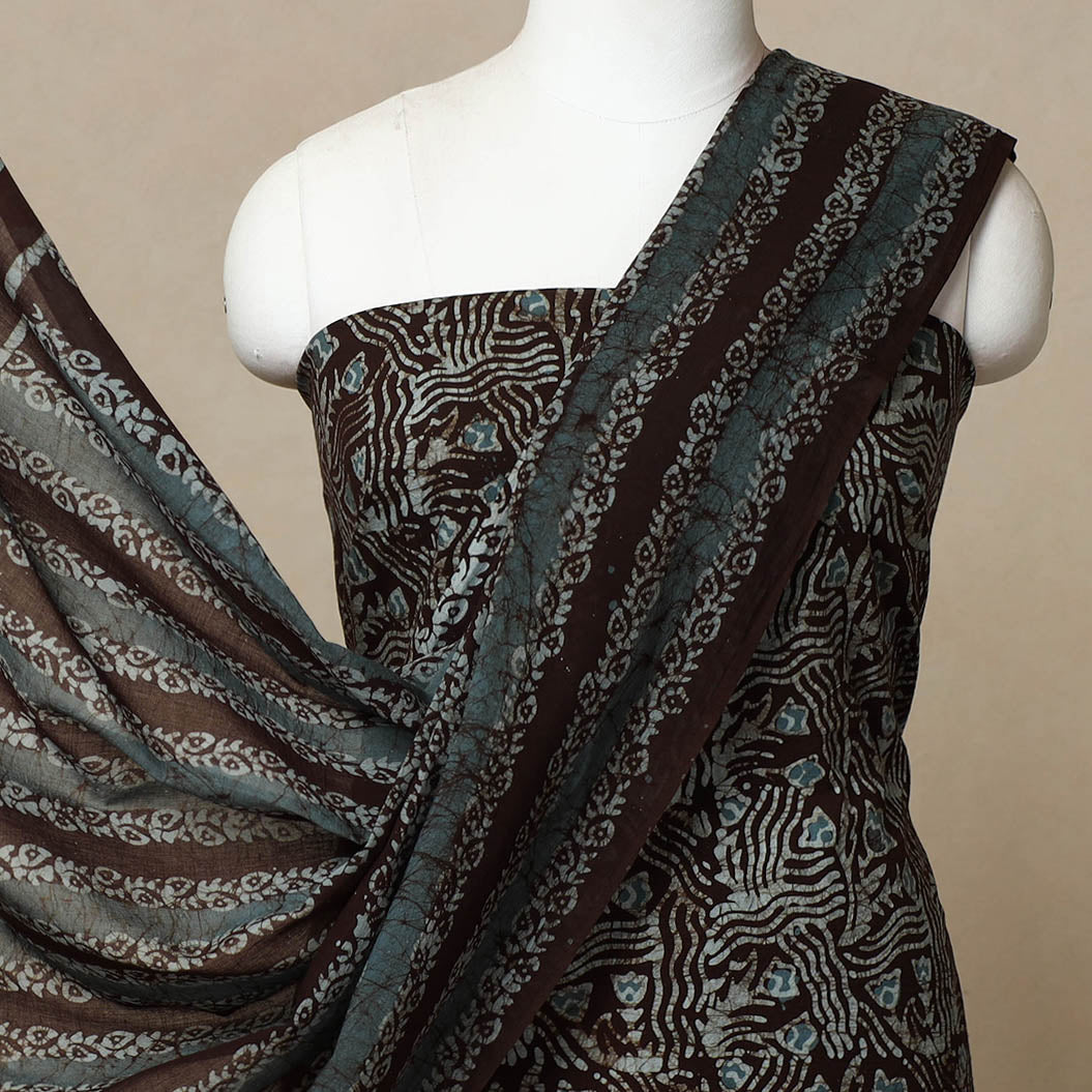 Brown - 3pc Cotton Kutch Batik Print Dress Material 10
