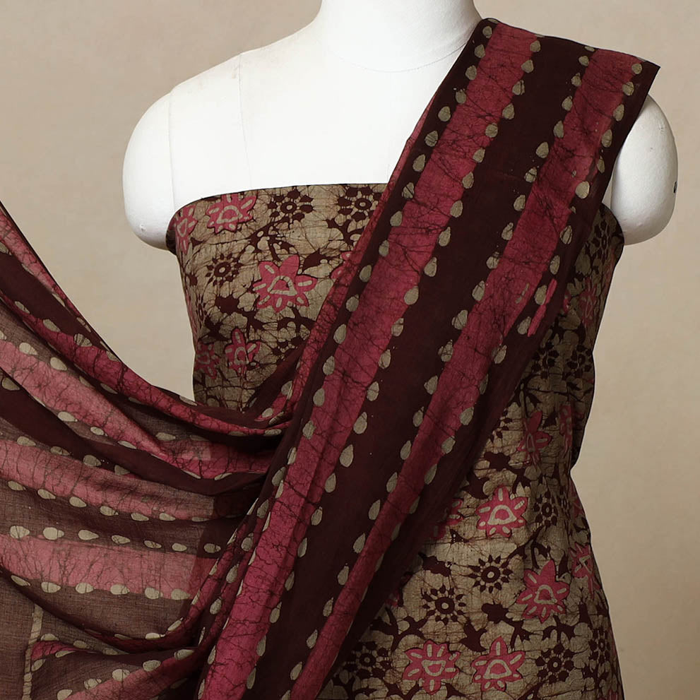 brown - 3pc Cotton Kutch Batik Print Dress Material 12