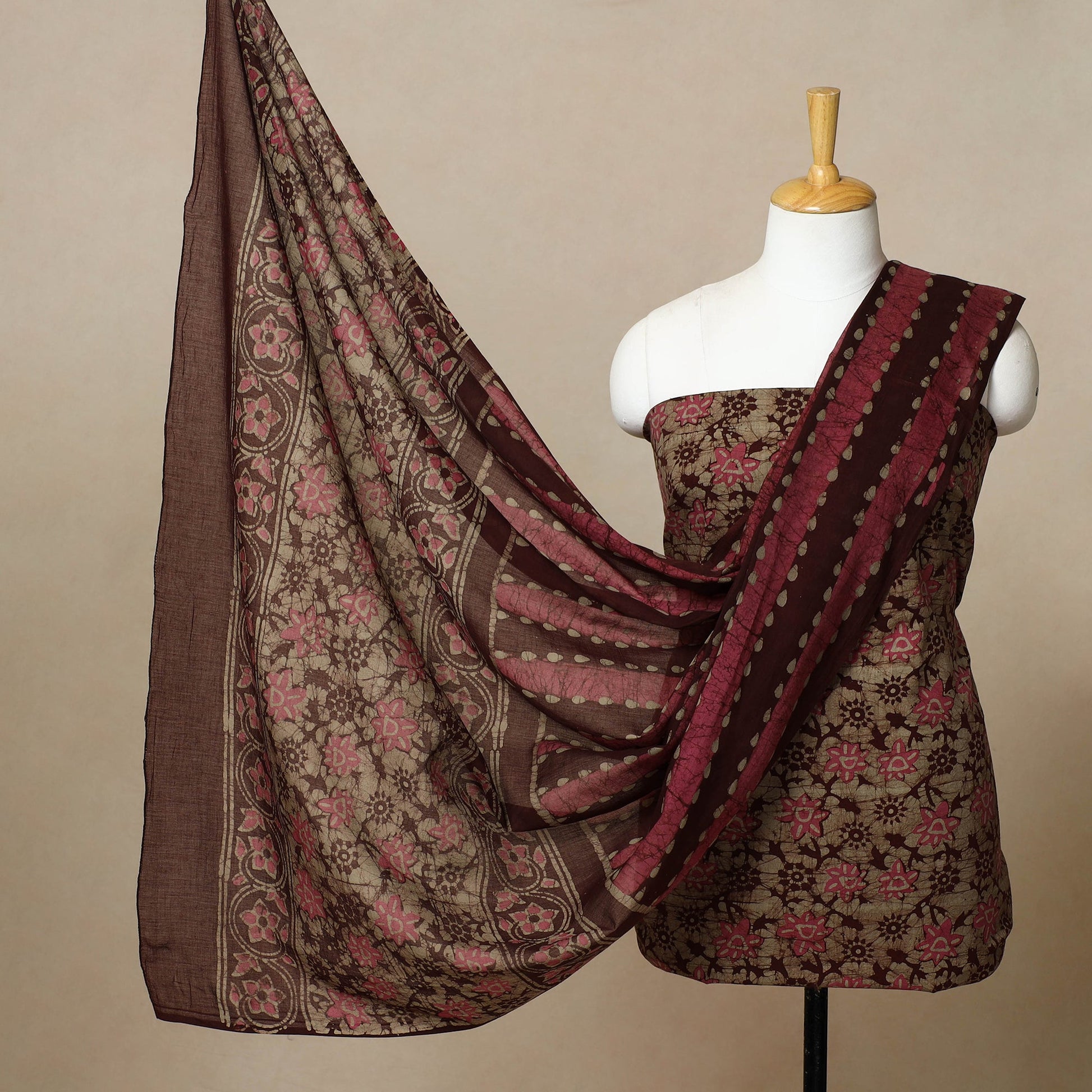 brown - 3pc Cotton Kutch Batik Print Dress Material 12