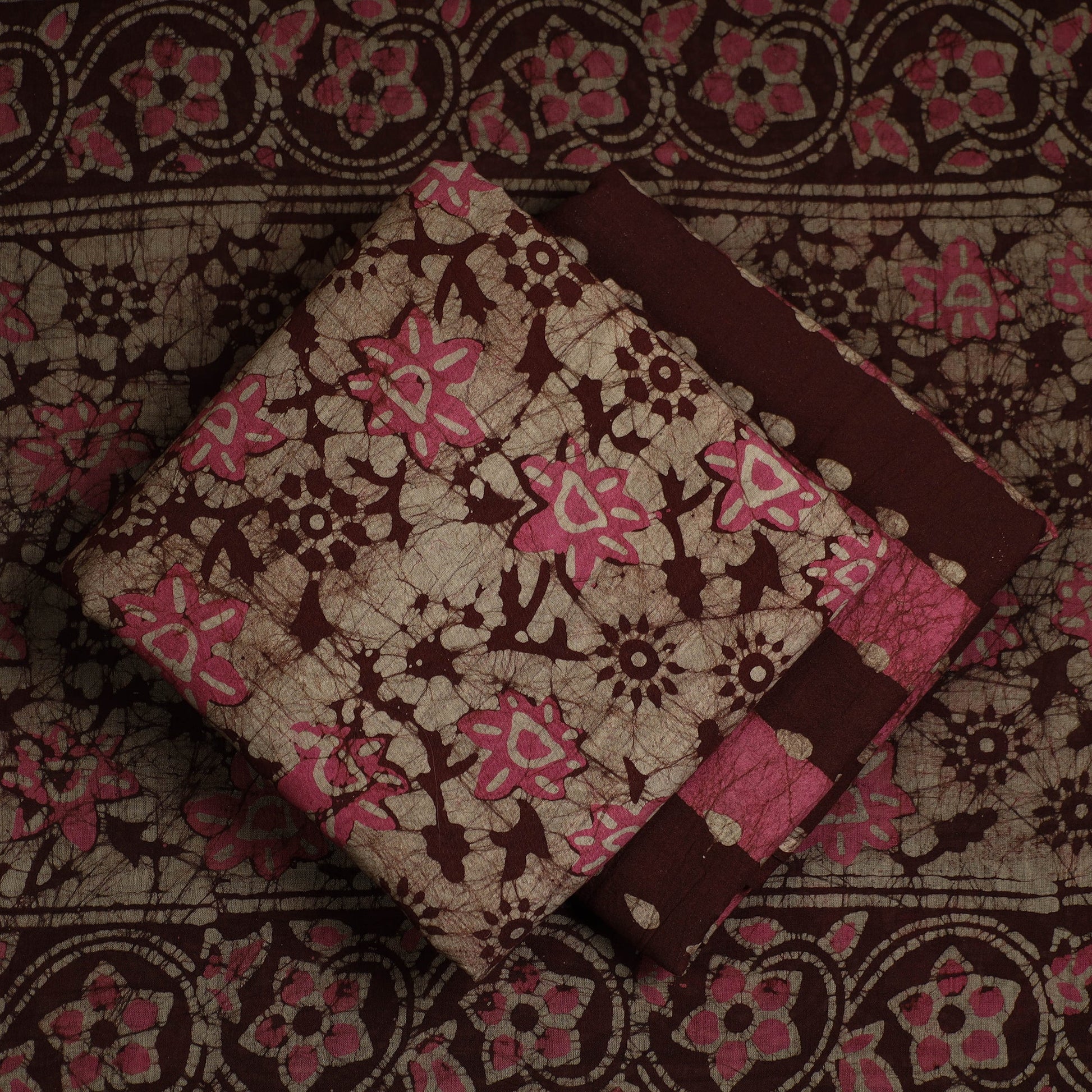 brown - 3pc Cotton Kutch Batik Print Dress Material 12